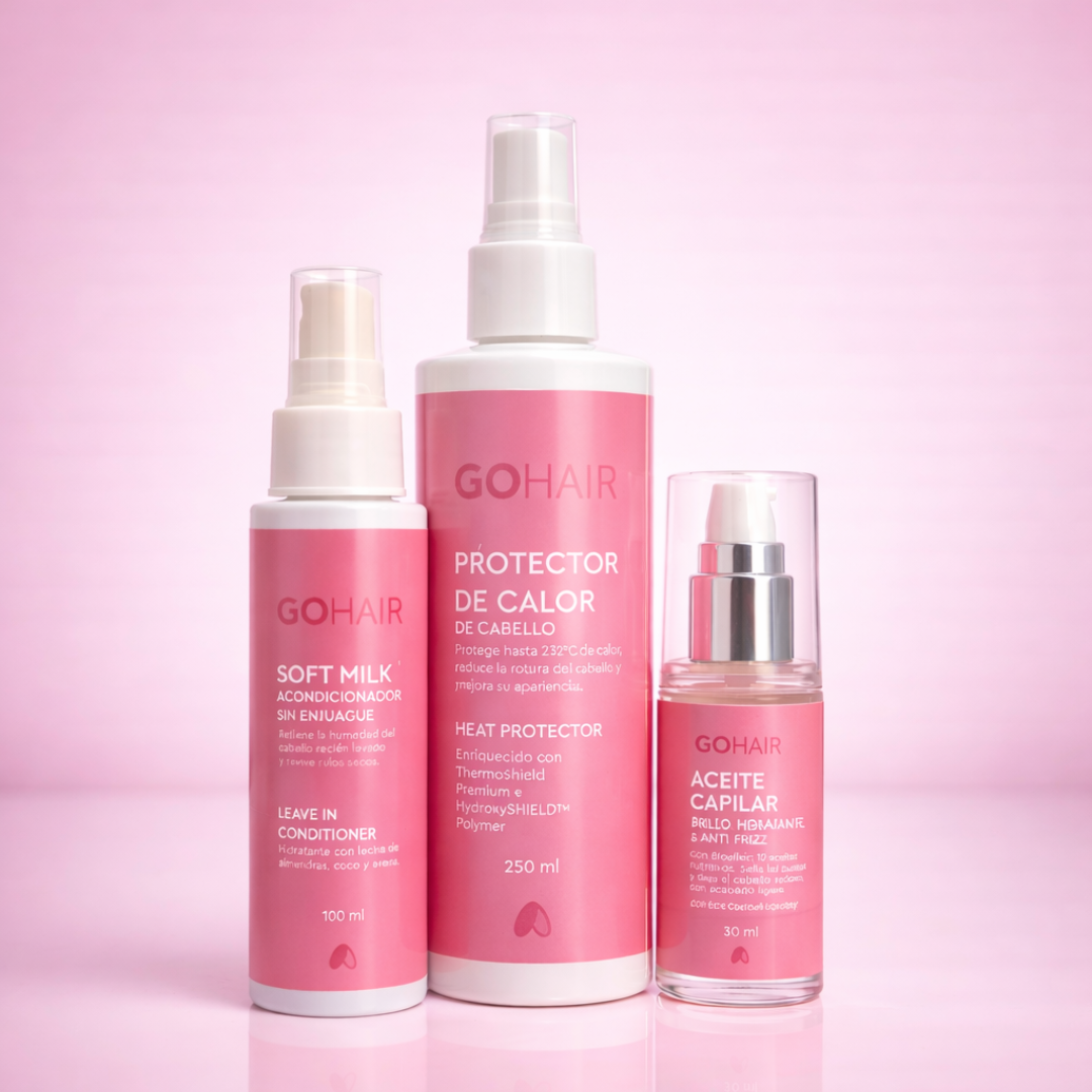 Rutina completa de cuidado capilar con Go Hair: shampoo, acondicionador, aceite y protector térmico