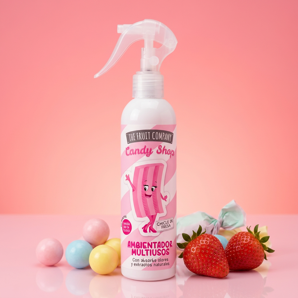 Spray Hogar Chicle Frutilla 200 ml The Fruit Company sobre set de chicle y frutillas