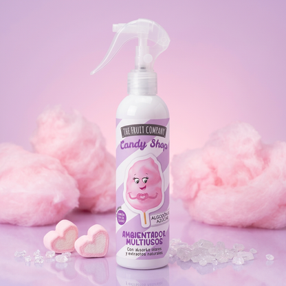Spray Hogar Cotton Candy 200 ml The Fruit Company sobre set de algodón de azúcar