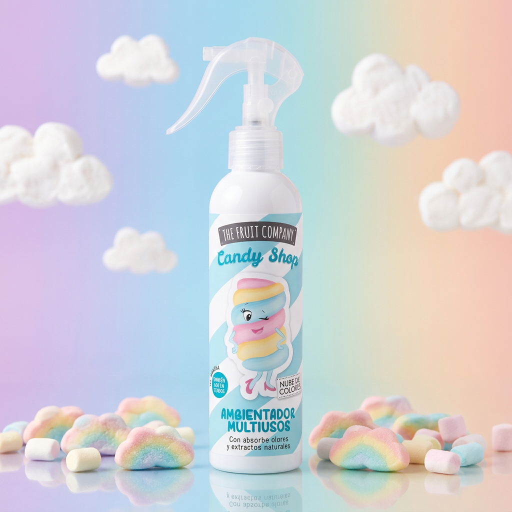 Spray Hogar Nube de Colores 200 ml The Fruit Company sobre set pastel arcoíris